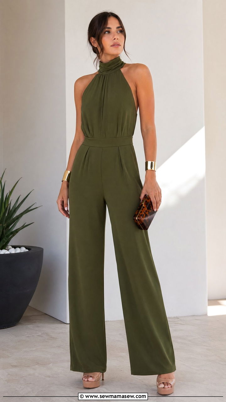 Olive Green Halter Neck Jumpsuit - 35 Wedding guest outfits for tall women