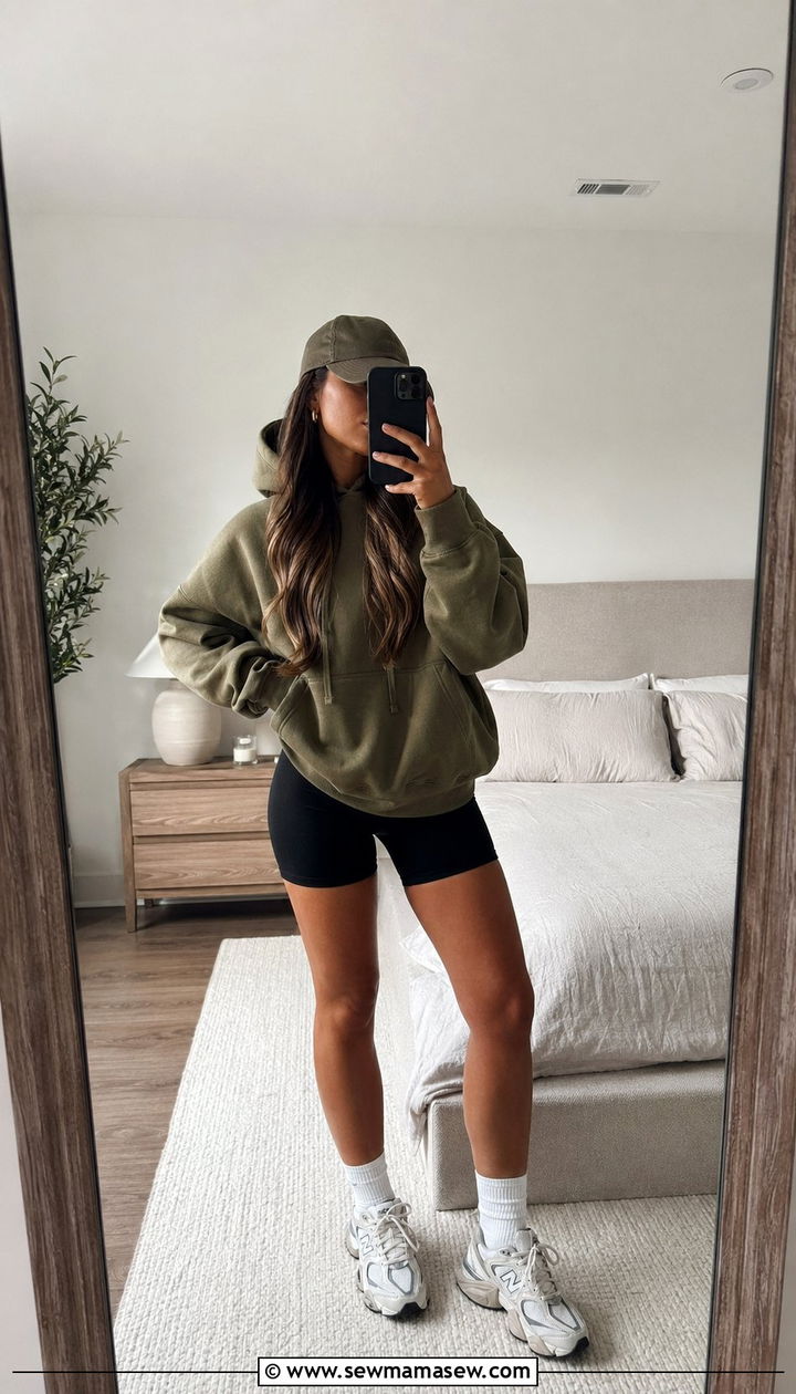 Olive Green Hoodie With Black Bike Shorts And Crew Socks - 35 Olive green outfit ideas