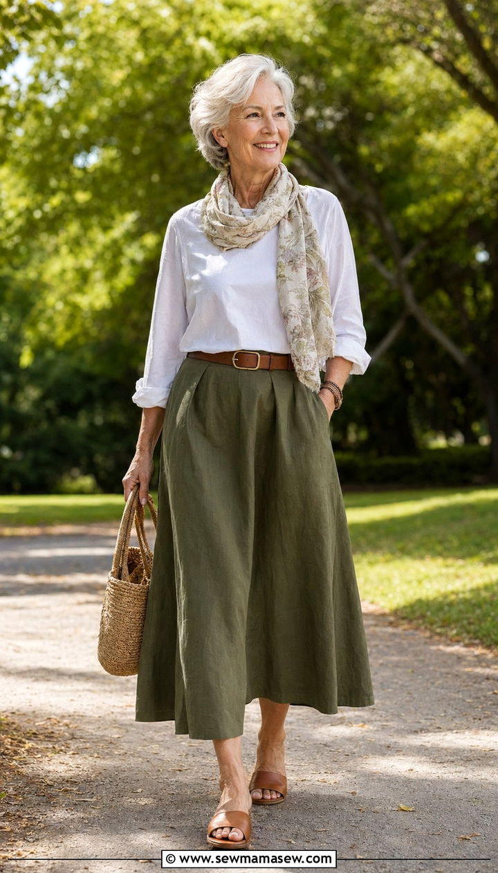 Olive Green Linen Midi Skirt with White Organic Cotton Top - 35 Outfit ideas for women over 70 2026