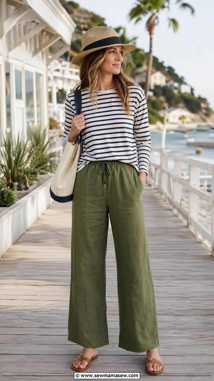 Olive Green Linen Pants With Striped Tee - 35 Spring outfits in olive green