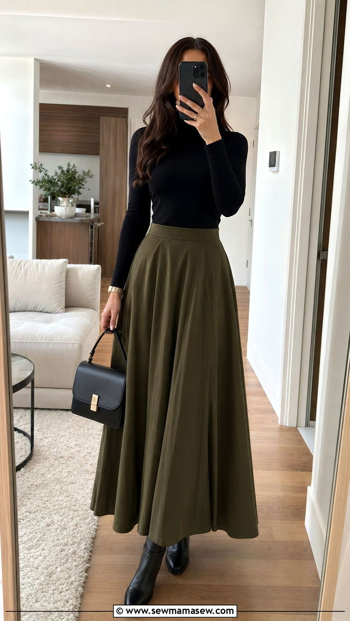 Olive Green Maxi Skirt With Black Turtleneck And Ankle Boots - 35 Olive green outfit ideas