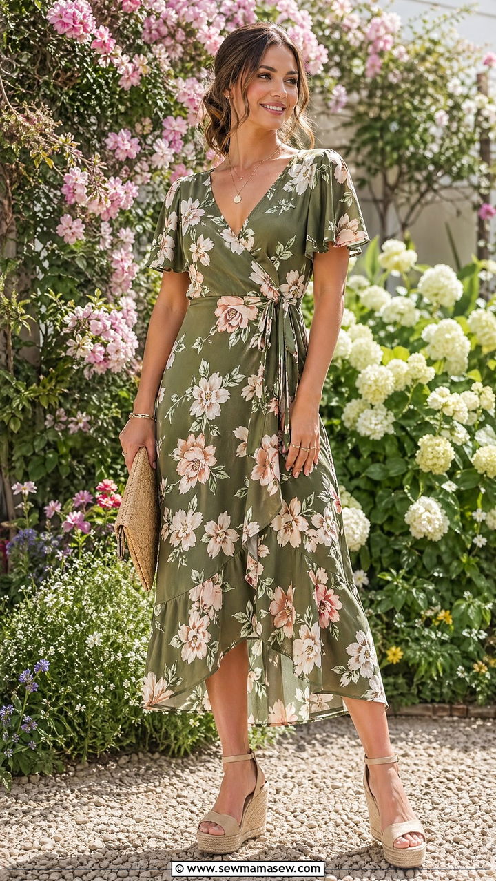 Olive Green Midi Dress With Floral Print - 35 Spring outfits in olive green
