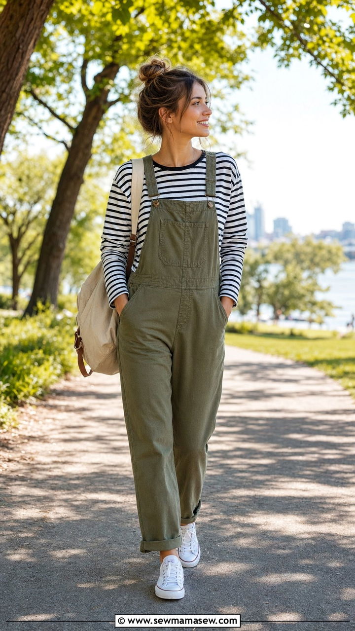 Olive Green Overalls With Striped Long Sleeve Tee And Sneakers - 35 Olive green outfit ideas