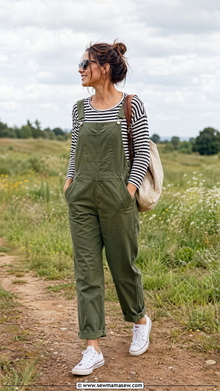 Olive Green Overalls With Striped Tee - 35 Spring outfits in olive green