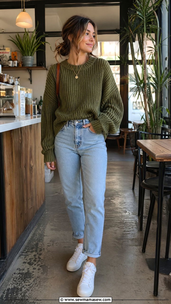 Olive Green Oversized Sweater With Jeans - 35 Spring outfits in olive green