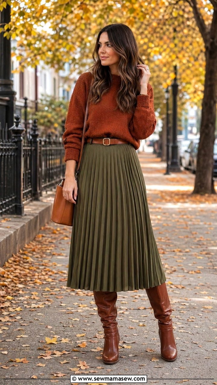 Olive Green Pleated Midi Skirt With Rust Sweater And Knee High Boots - 35 Olive green outfit ideas