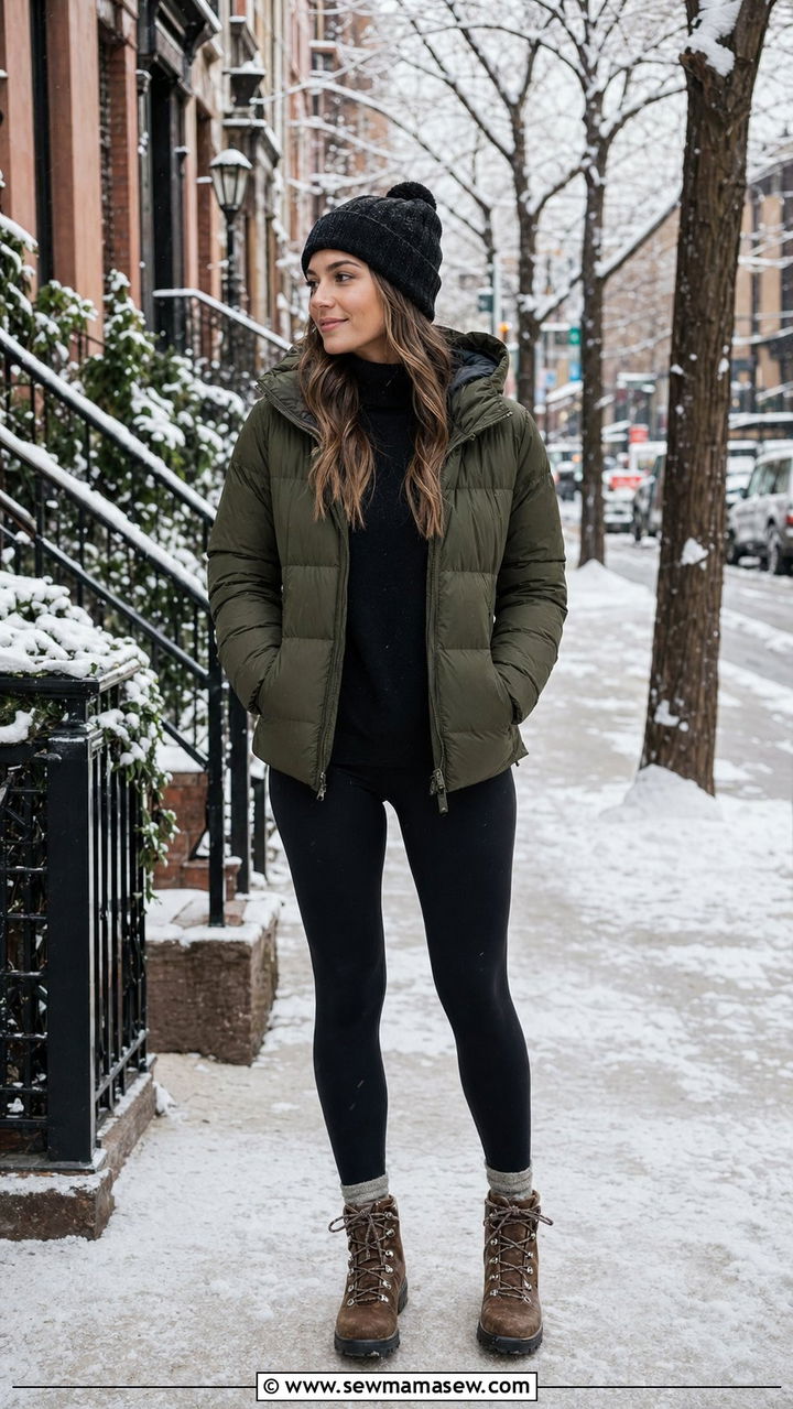 Olive Green Puffer Jacket With Black Leggings And Hiking Boots - 35 Olive green outfit ideas