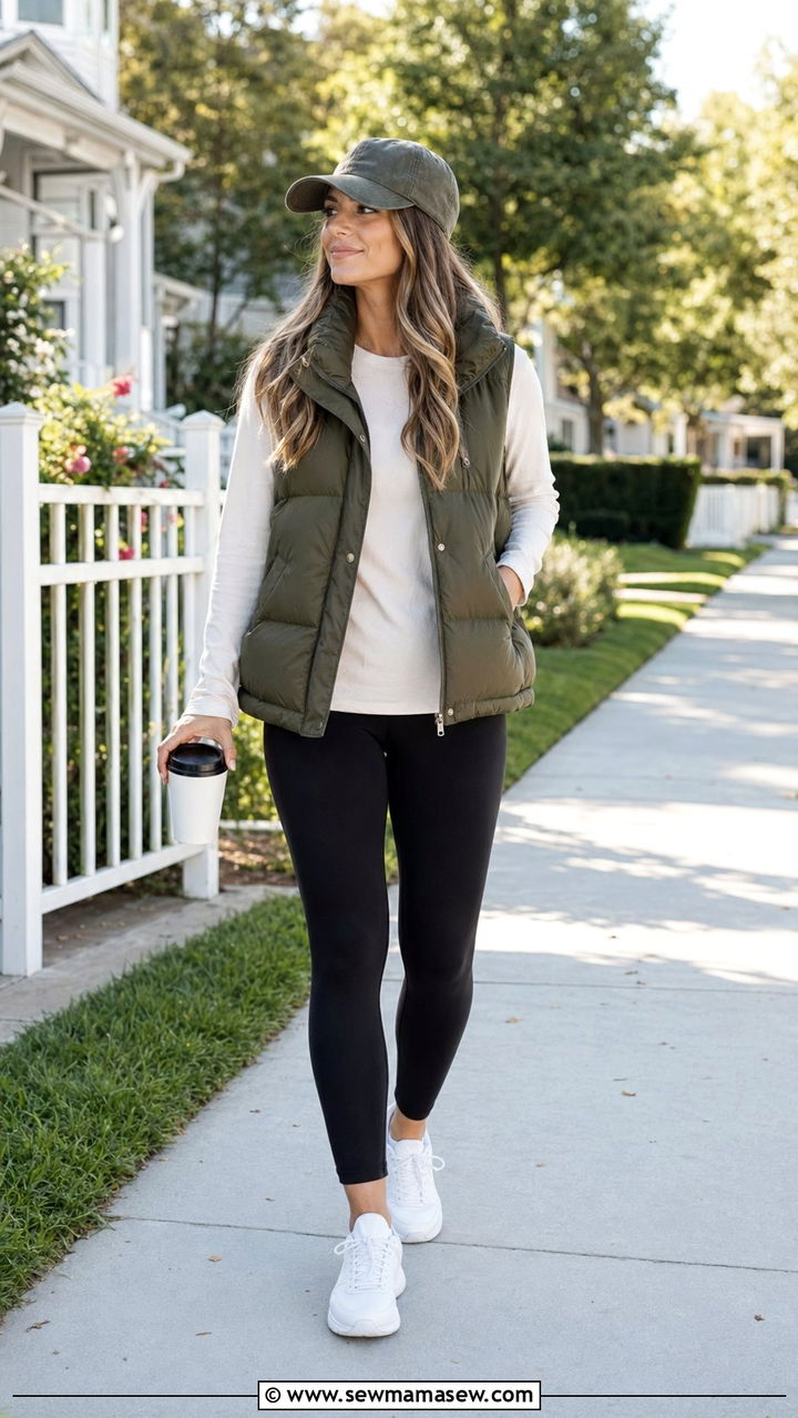 Olive Green Puffer Vest With Long Sleeve Tee And Leggings - 35 Olive green outfit ideas