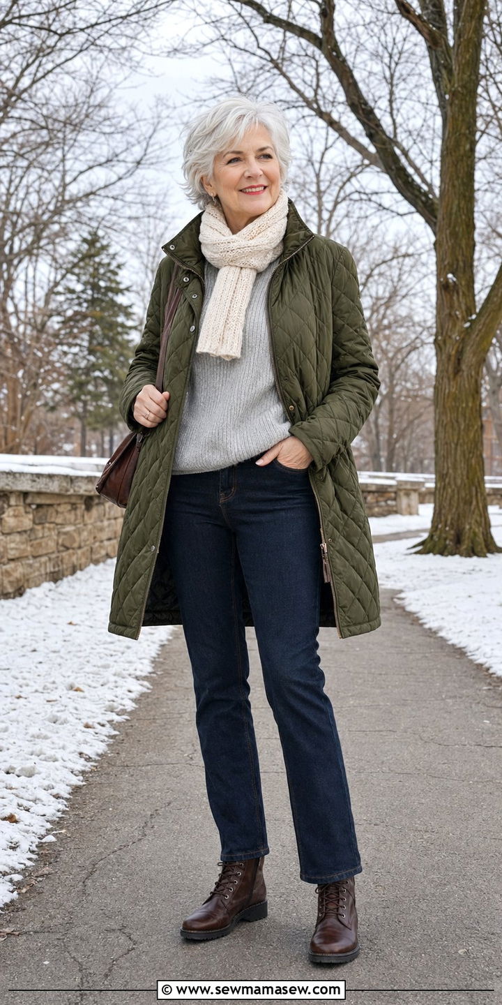 Olive Green Quilted Coat with Scarf and Dark Straight Leg Jeans - 35 Outfit ideas for women over 70 2026