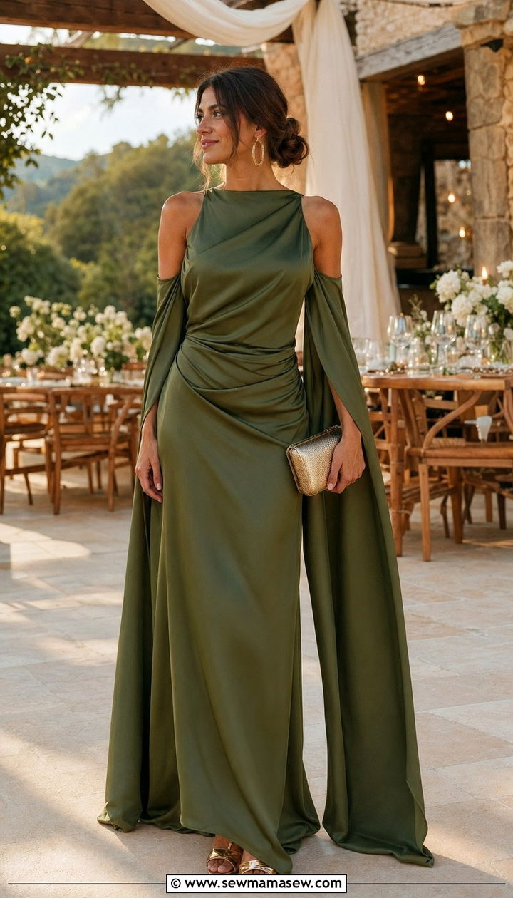 Olive Green Satin Draped Sleeve Evening Gown - 30 Wedding guest outfit ideas evening gown