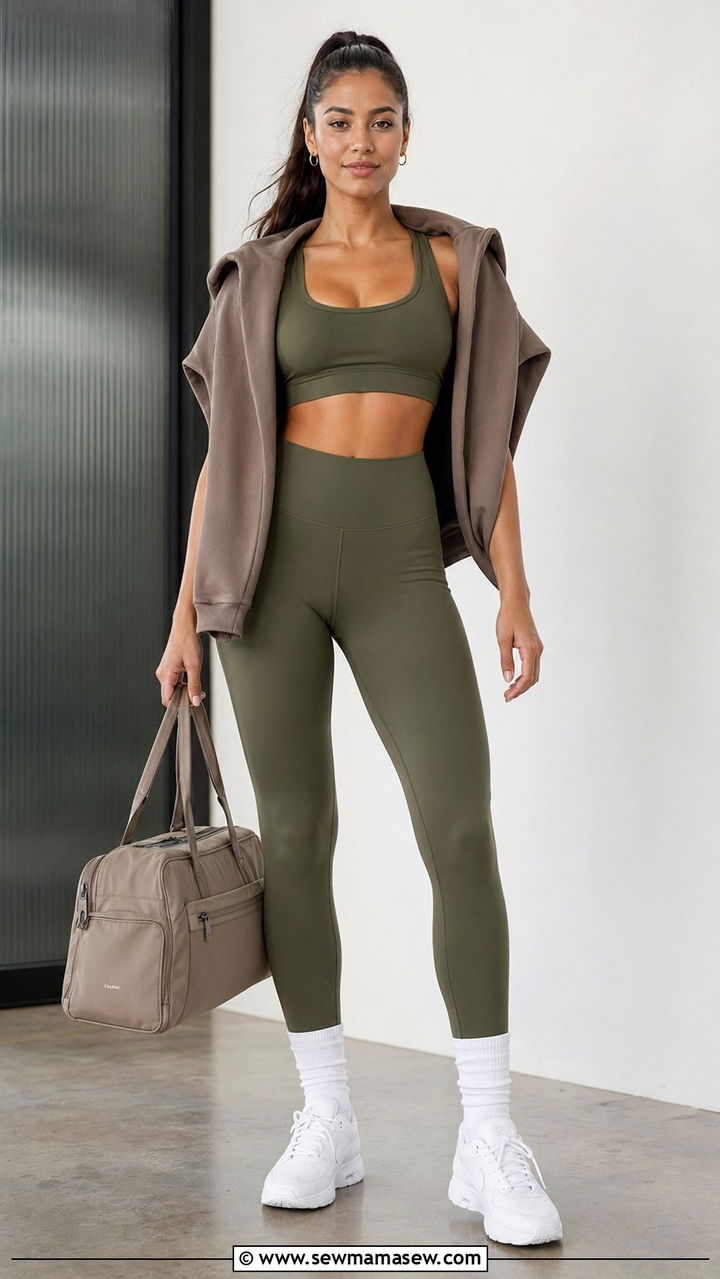 Olive Green Set With Crisp White Socks - 35 pilates outfit ideas