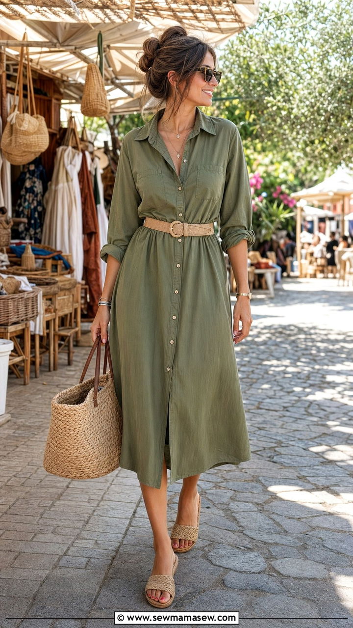 Olive Green Shirt Dress With Tan Belt And Woven Sandals - 35 Olive green outfit ideas