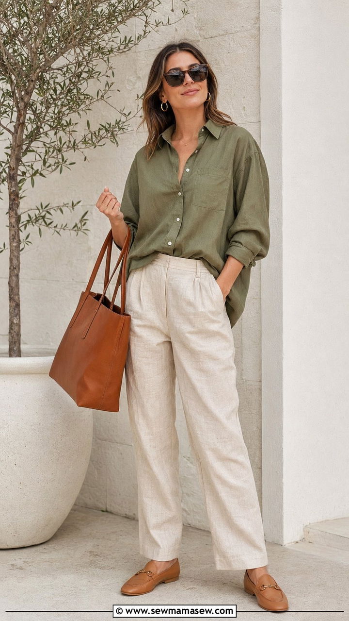 Olive Green Shirt and Beige Linen Pants - 35 Quiet luxury outfit ideas summer 2026