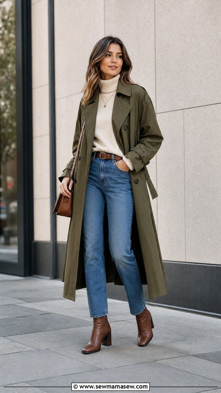 Olive Green Trench Coat With Cream Turtleneck And Straight Leg Jeans - 35 Olive green outfit ideas