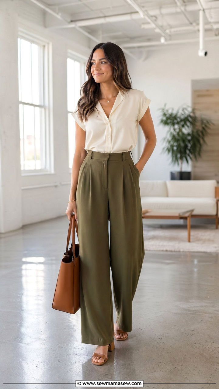 Olive Green Trousers With Cream Silk Blouse Summer Interview Outfit - 35 Summer job interview outfits