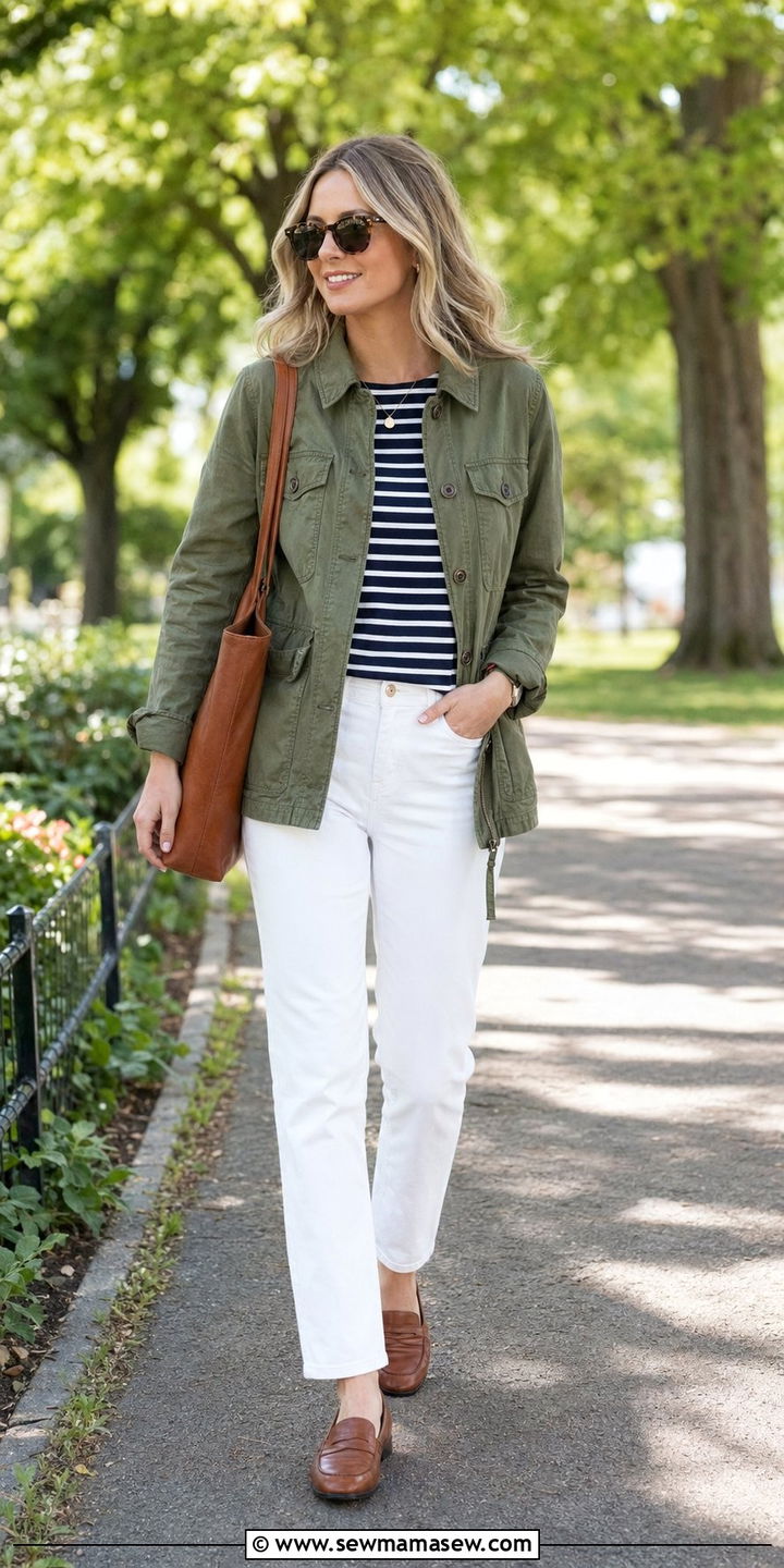 Olive Green Utility Jacket With Striped Top And White Denim - 35 Olive green outfit ideas