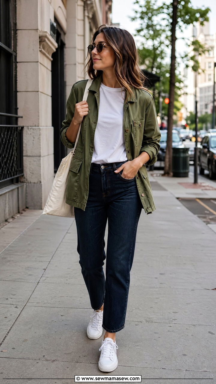 Olive Green Utility Jacket With White Tee And Dark Denim Jeans - 35 classy summer to fall outfits