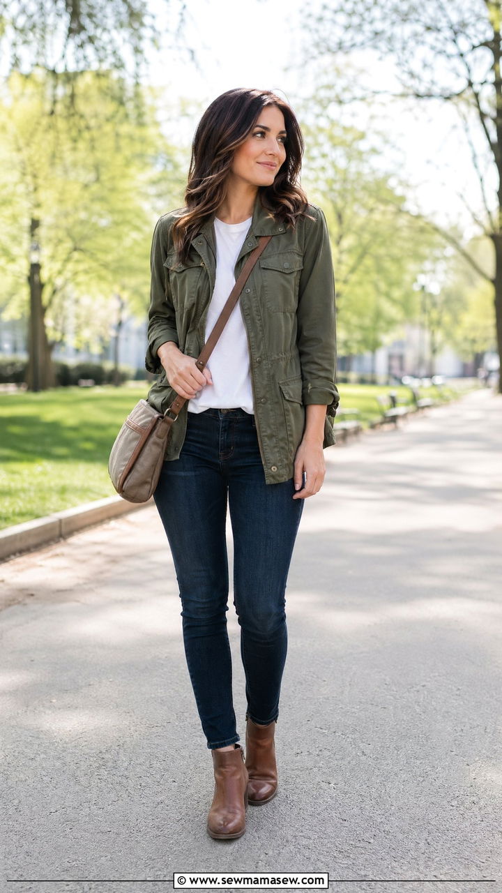 Olive Green Utility Jacket With White Tee - 35 Spring outfits in olive green