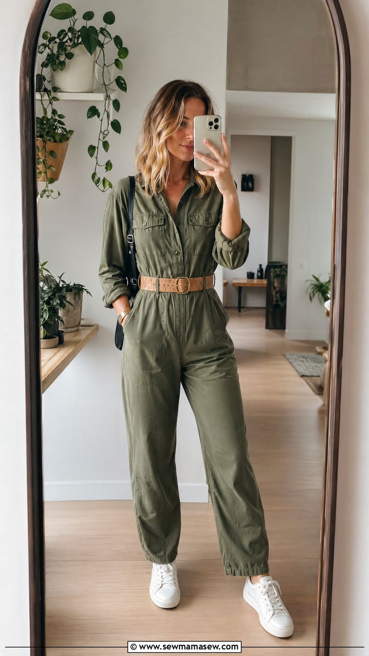 Olive Green Utility Jumpsuit With A Cork Belt And White Sneakers - 35 Cork outfit ideas