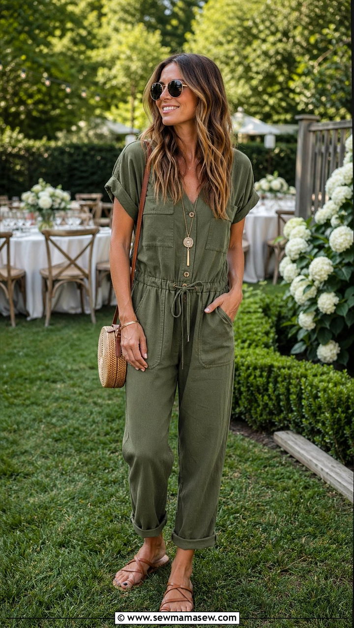 Olive Green Utility Jumpsuit With Leather Sandals - 30 Backyard wedding guest outfit ideas