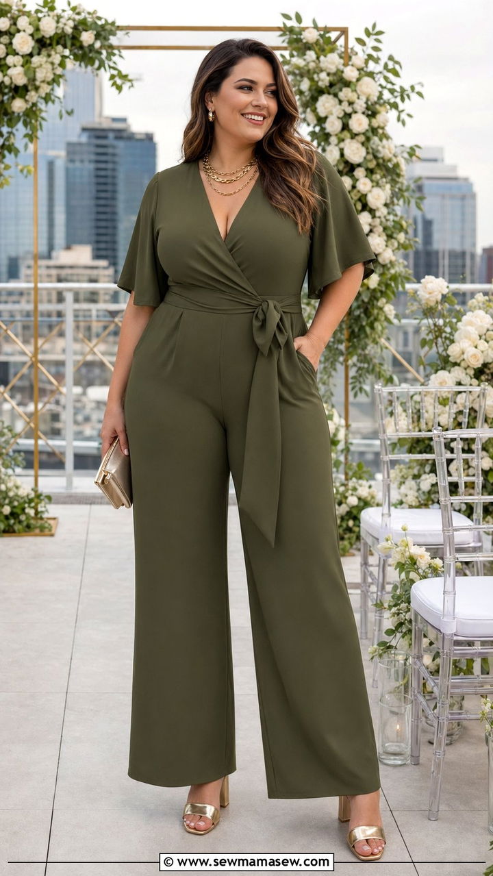 Olive Green Wide Leg Jumpsuit With Gold Heels - 30 wedding guest outfits for apple shaped body