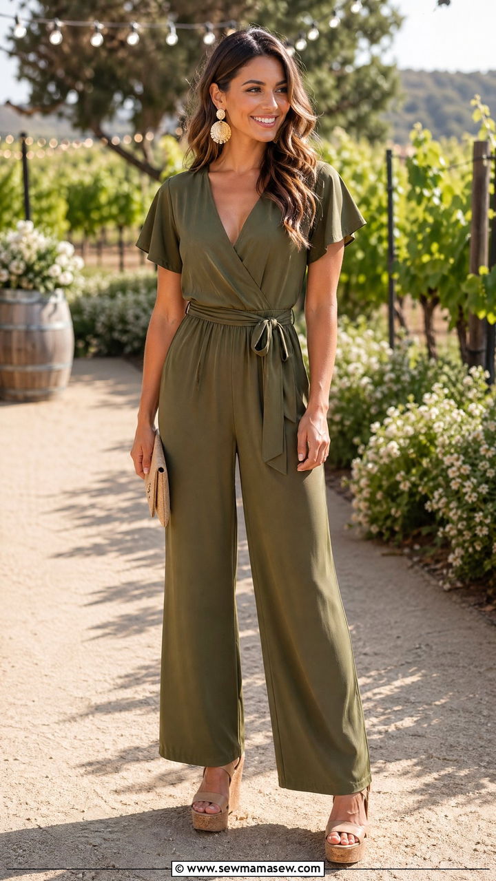 Olive Green Wide Leg Jumpsuit with Statement Earrings - 35 Vineyard wedding guest outfits