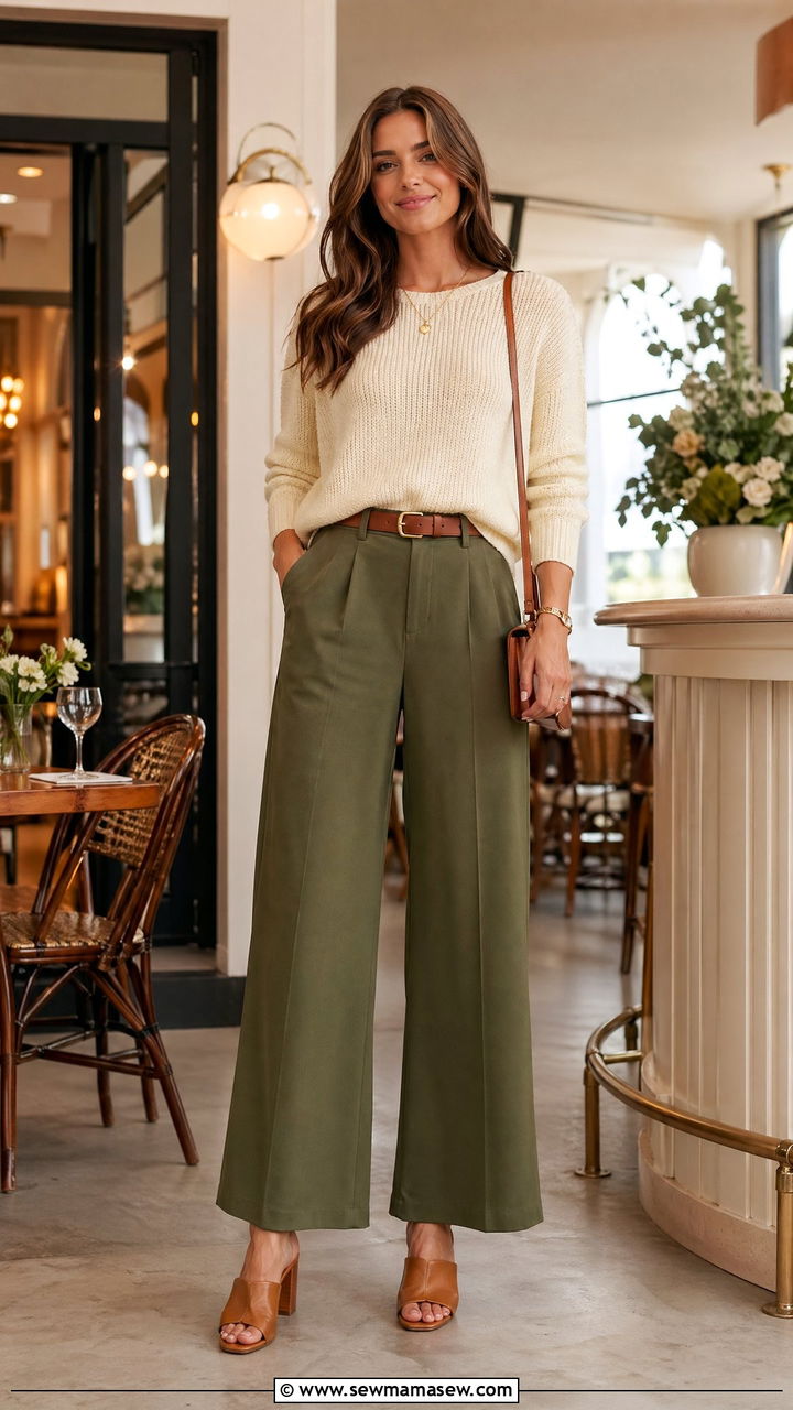 Olive Green Wide Leg Trousers With Cream Sweater - 35 Spring outfits in olive green
