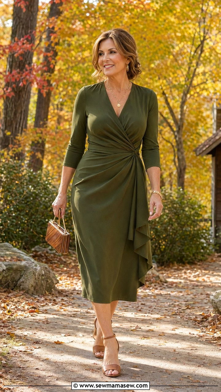 Olive Green Wrap Dress With Draped Detail - 35 Mother of the groom outfit ideas
