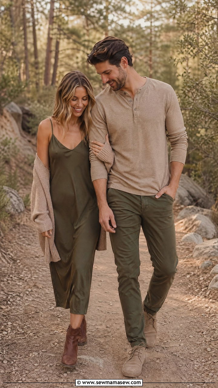 Olive Green and Tan Earth Tones Couple Outfit - 35 Couples photoshoot outfit ideas