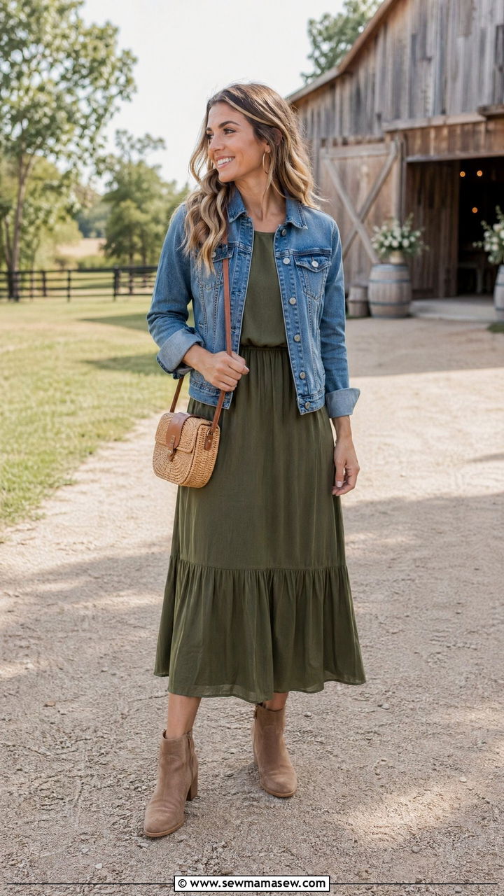 Olive Midi Dress with Denim Jacket - 35 Countryside wedding guest outfit ideas