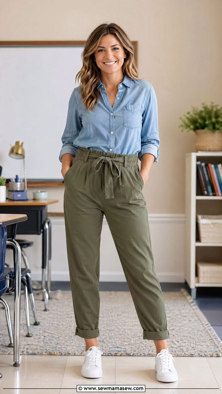 Olive Paperbag Pants with Chambray Button Up and White Sneakers - 35 Summer teacher outfits