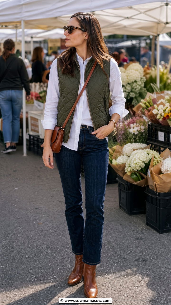 Olive Quilted Vest Over White Poplin Shirt and Jeans - 35 transitional quiet luxury outfit ideas