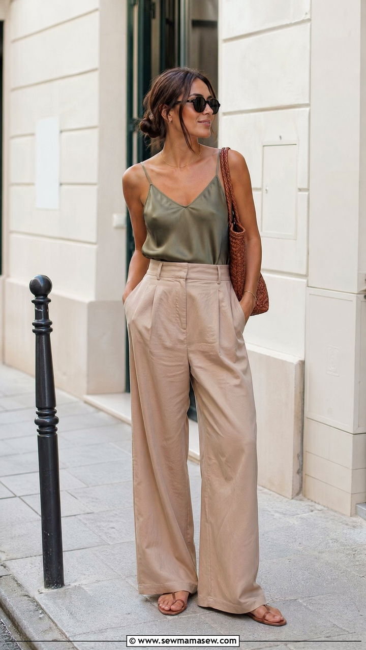 Olive Silk Tank With Wide Leg Khaki Trousers - 40 summer quiet luxury outfits