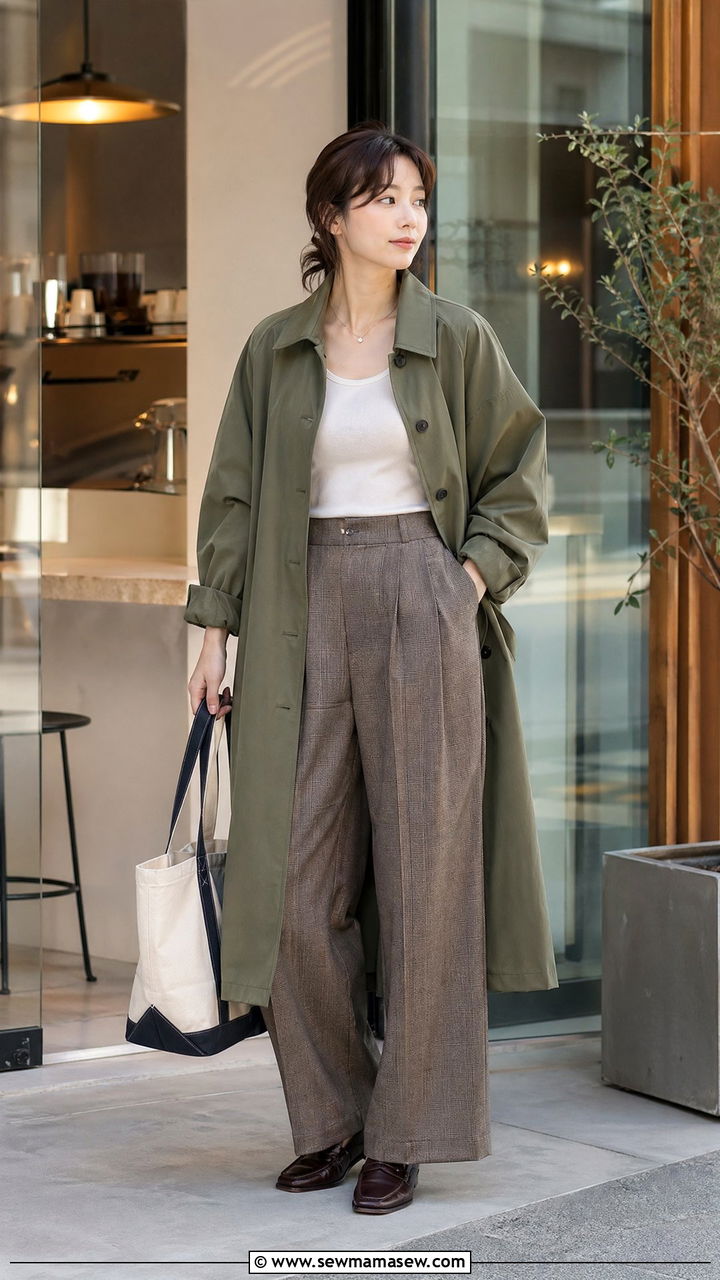 Olive Trench And Plaid Wide Leg Trousers Outfit Spring Japan - 35 Spring Japan outfit ideas