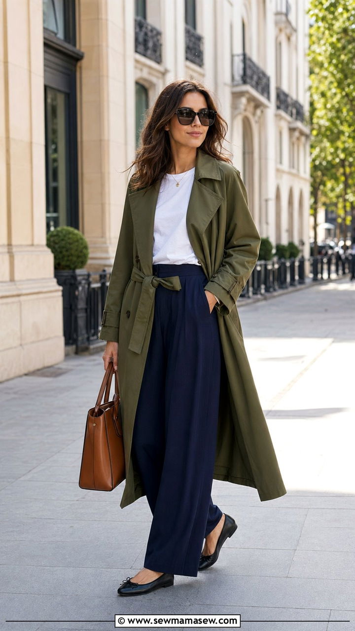 Olive Trench Coat and Navy Wide Leg Trousers - 35 Quiet luxury work outfits