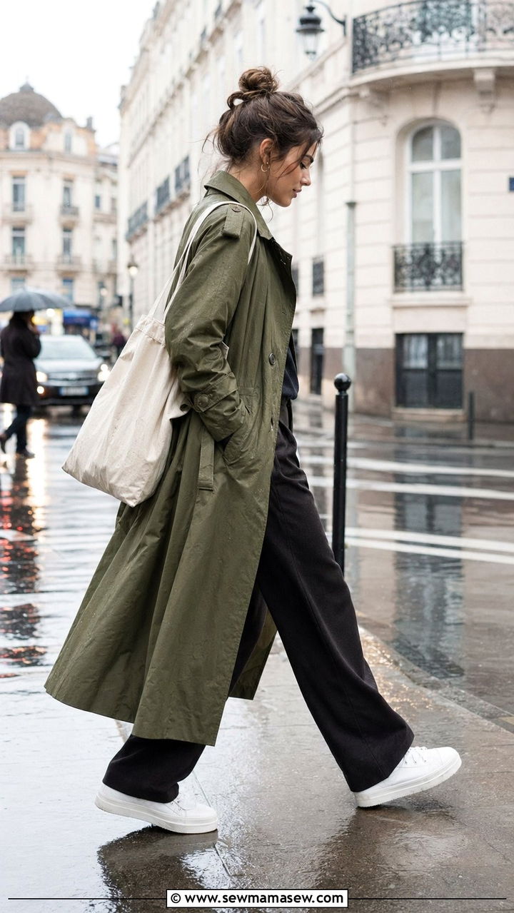 Olive Trench Coat with Platform Sneakers - 35 rainy day outfit ideas