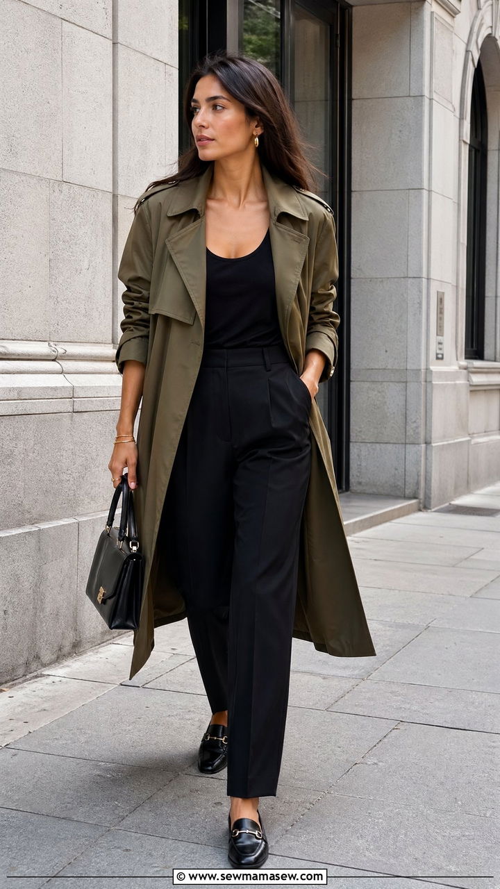 Olive Trench and Black Basics - 35 spring minimalist outfit ideas
