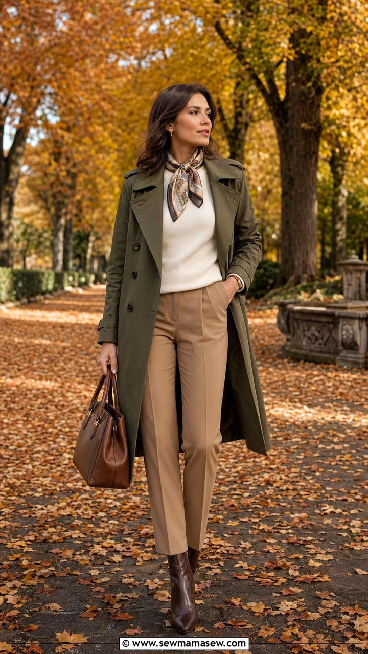 Olive Trench with Ivory Knit and Tailored Trousers - 35 Old money brunch outfit ideas