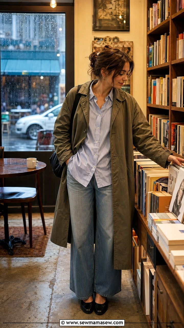 Olive Trench with Striped Shirt and Wide Leg Jeans - 35 rainy day outfit ideas