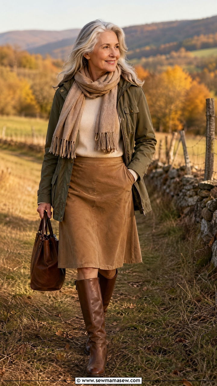 Olive Utility Jacket Over a Tan Suede Skirt - 35 Skirt outfit ideas for women over 60