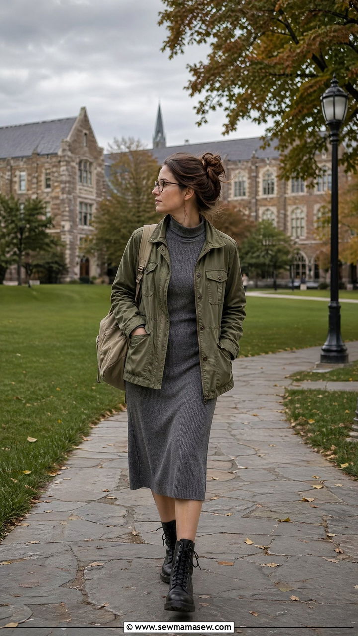 Olive Utility Jacket With Midi Dress And Combat Boots - 35 College professor outfit ideas