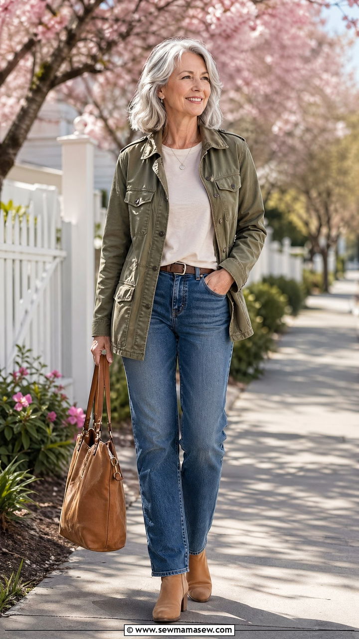 Olive Utility Jacket With Straight Leg Jeans - 35 Spring outfits for women over 60