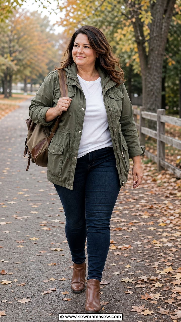 Olive Utility Jacket With White Tee And Dark Jeans - 35 Plus size outfit ideas for women over 40