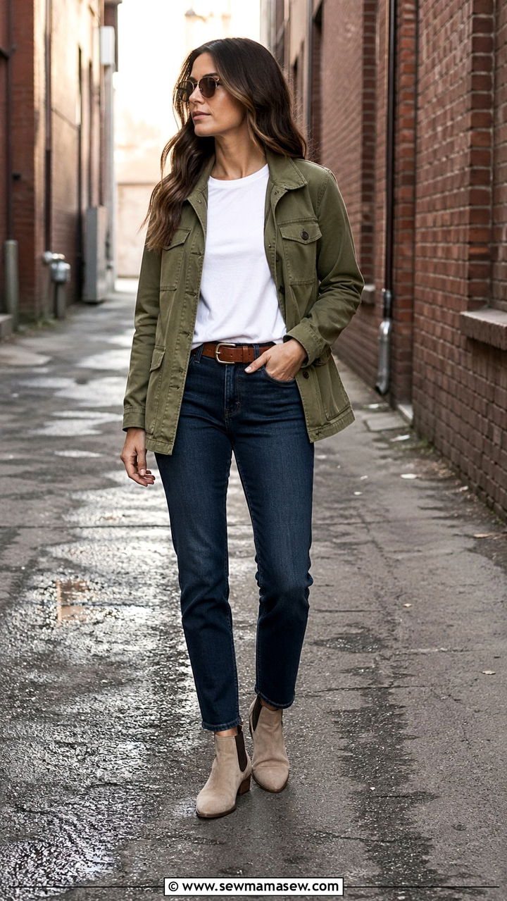 Olive Utility Jacket With White Tee And Dark Jeans - 30 Spring capsule wardrobe minimalist