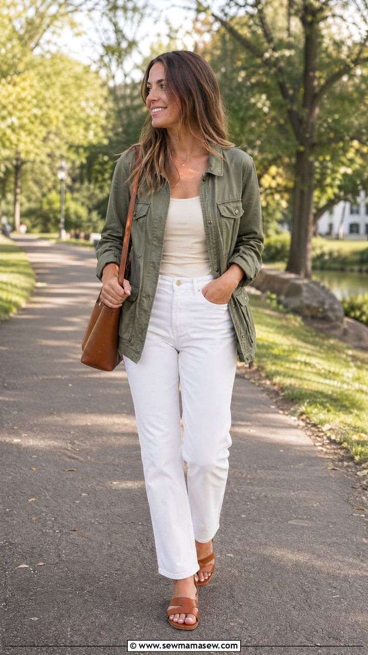 Olive Utility Jacket and White Denim - 35 spring minimalist outfit ideas