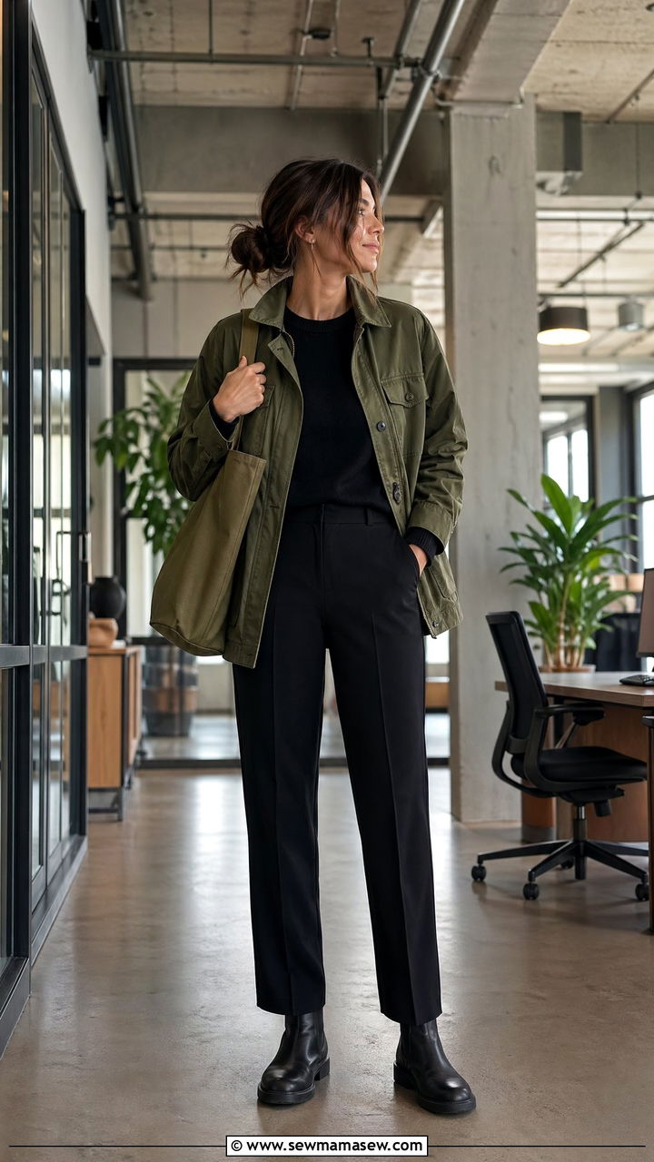 Olive Utility Jacket with Black Straight Leg Pants - 35 what to wear to the office