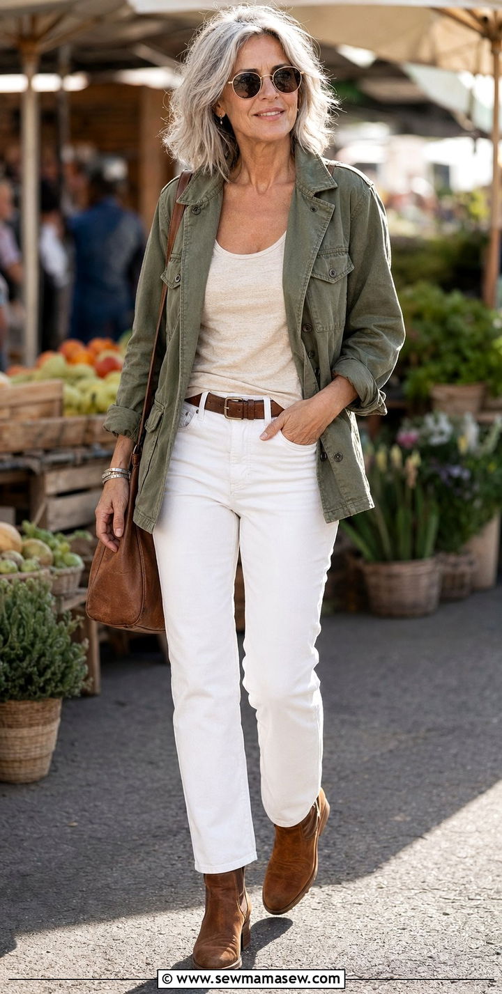 Olive Utility Jacket with Cream Straight Leg Jeans - 30 Aesthetic outfit ideas for women over 50