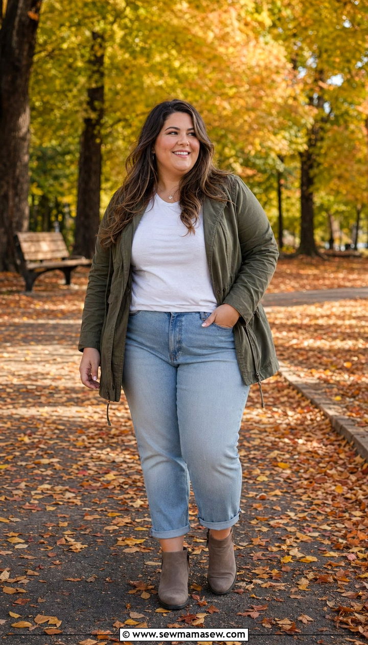 Olive Utility Jacket with Denim - 35 Plus size mom outfit ideas