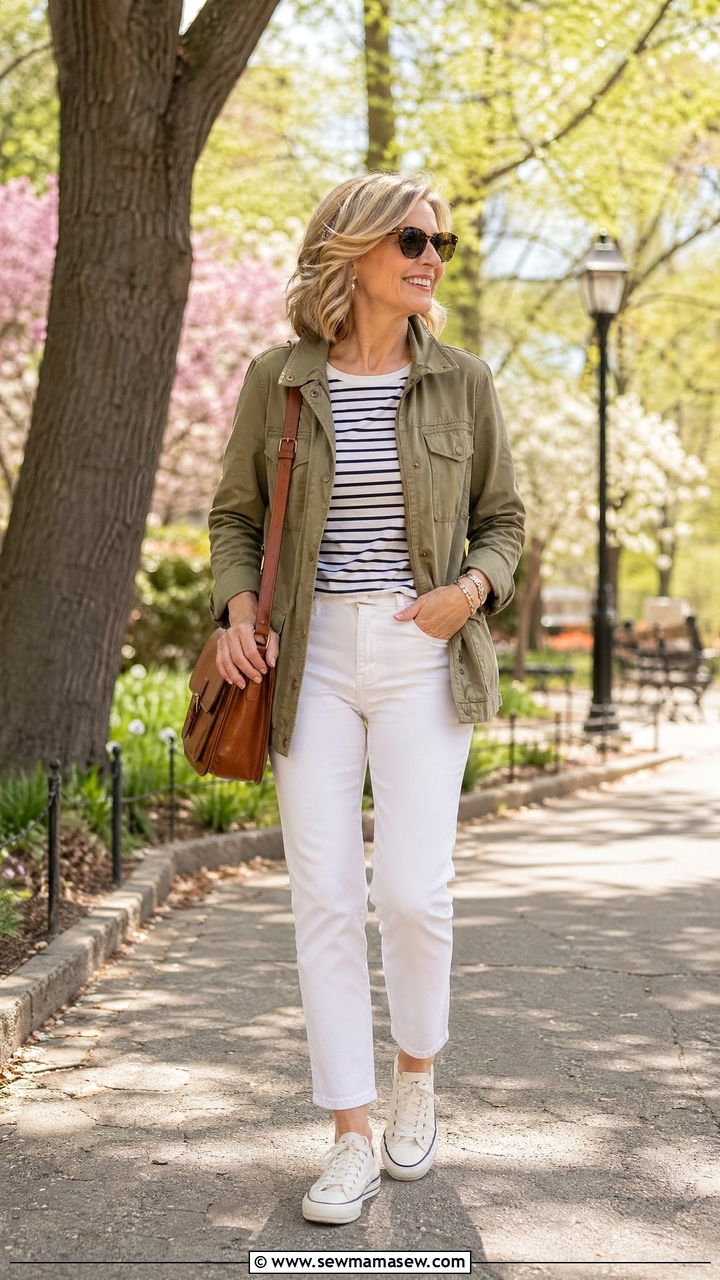 Olive Utility Jacket with White Jeans and Canvas Sneakers - 35 What to wear in spring for women over 50
