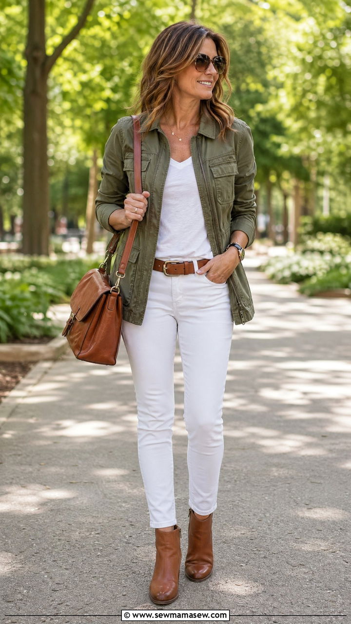 Olive Utility Jacket with White Skinny Jeans - 35 Work outfits for women over 40